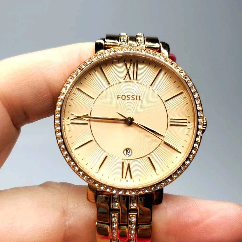 Fossil Watch ES-3546 Rose Gold Wristband Large Face Crystal Bling